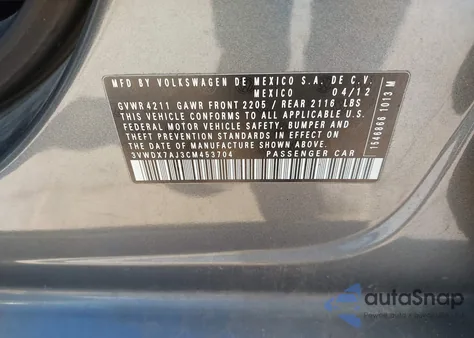 2012 Volkswagen Jetta 2.5L Se z USA, uszkodzony, nr VIN 3VWDX7AJ3CM453704